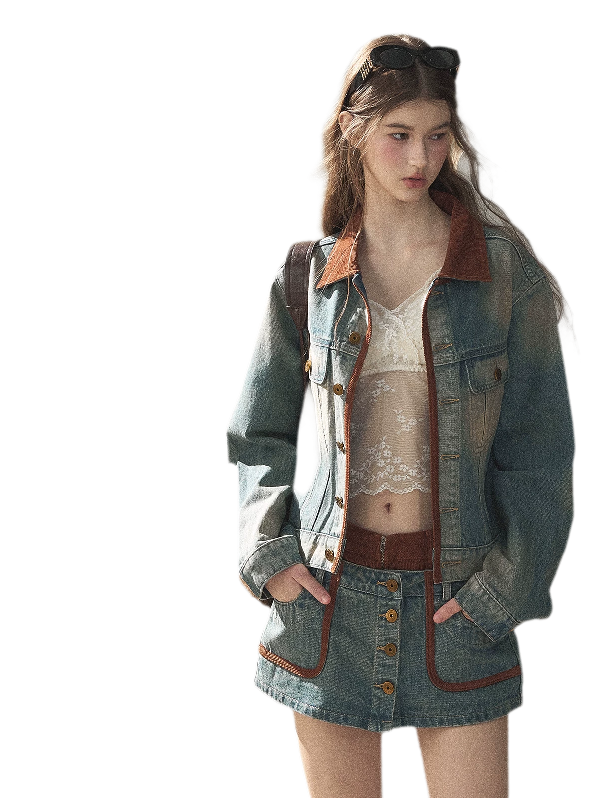 Washed Denim Jacket Skirt Set