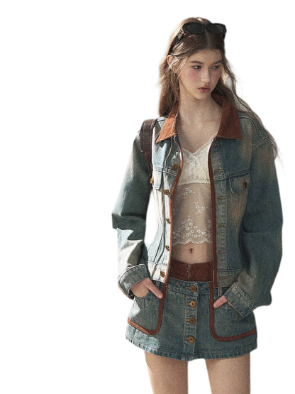 Washed Denim Jacket Skirt Set