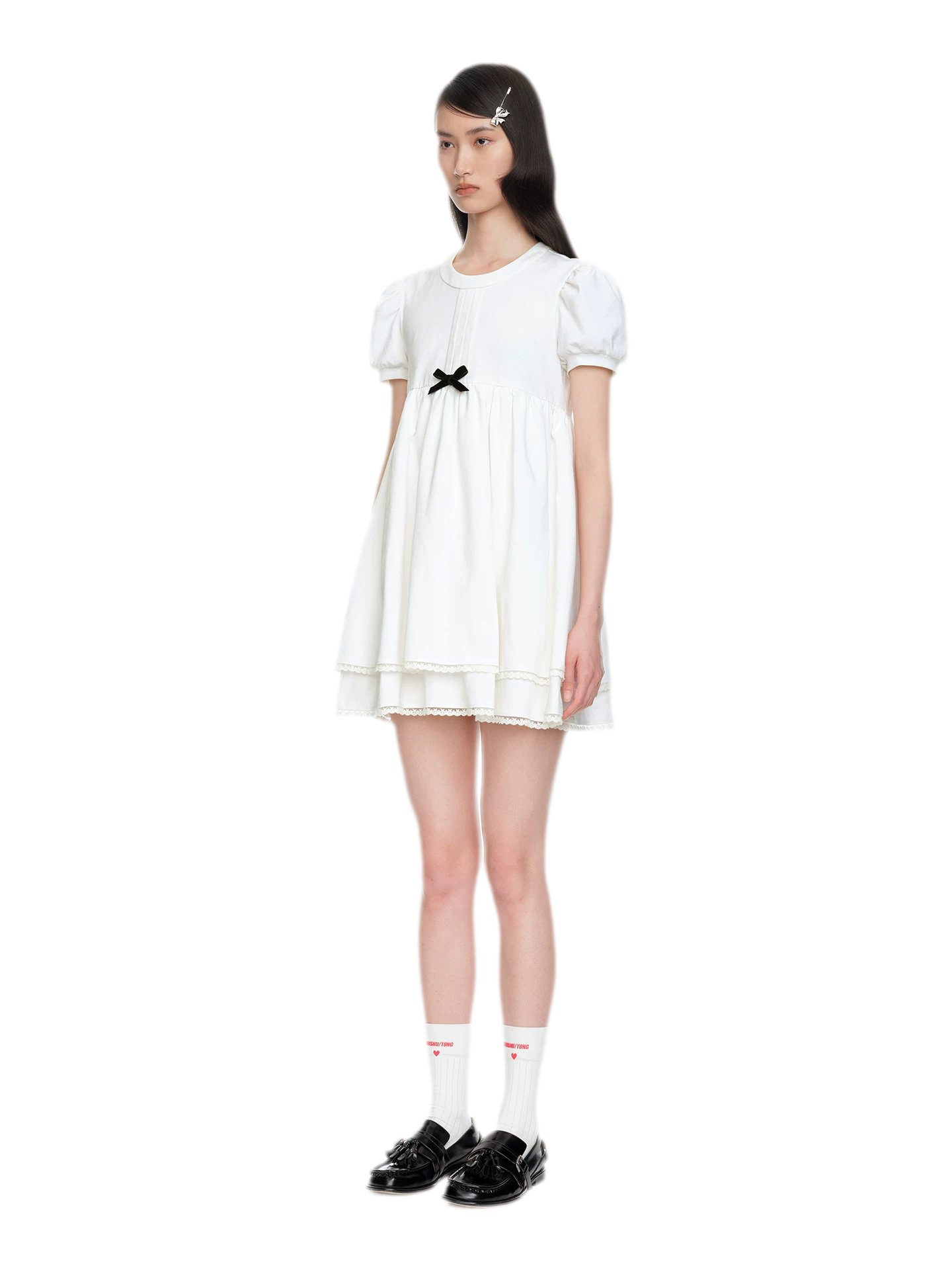 Cotton Puff Sleeve Bow Dress