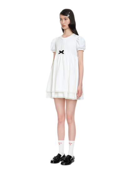 Cotton Puff Sleeve Bow Dress