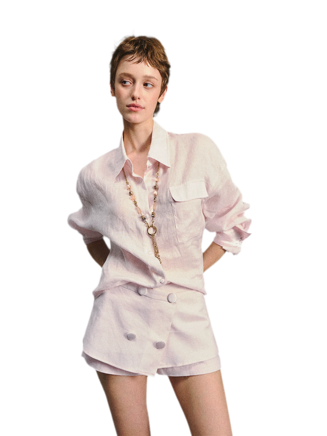 Linen Satin Waist-Cinched Shirt &amp; Skirt Set