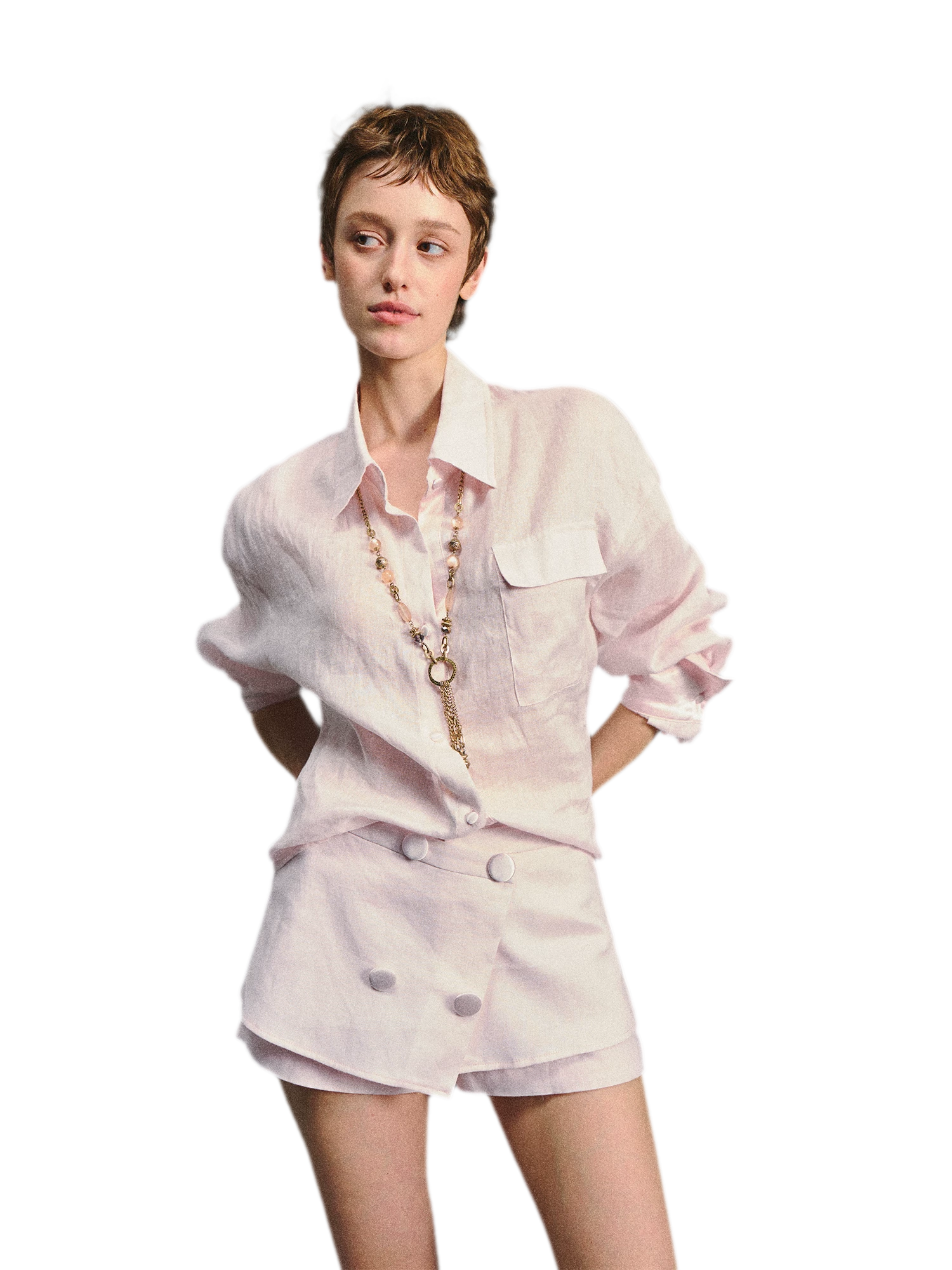 Linen Satin Waist-Cinched Shirt &amp; Skirt Set