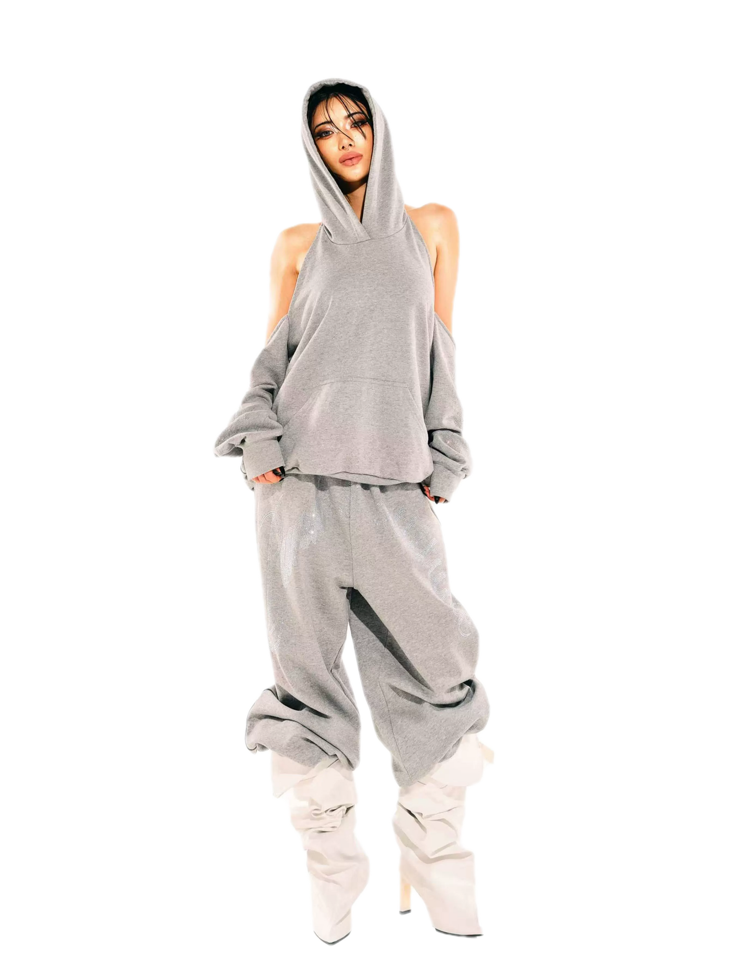 Rhinestone Off-Shoulder Hoodie Set