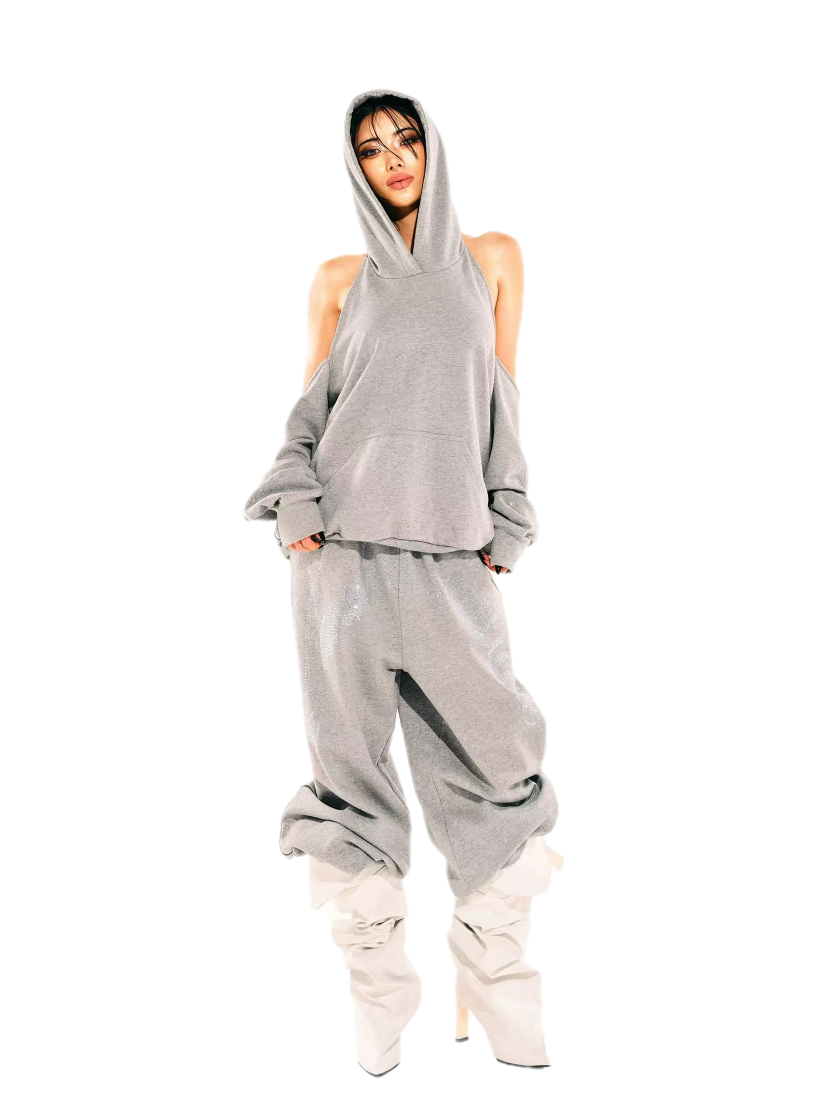 Rhinestone Off-Shoulder Hoodie Set