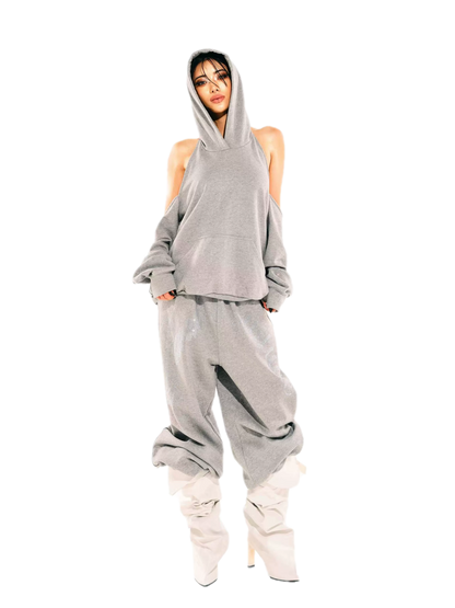 Rhinestone Off-Shoulder Hoodie Set