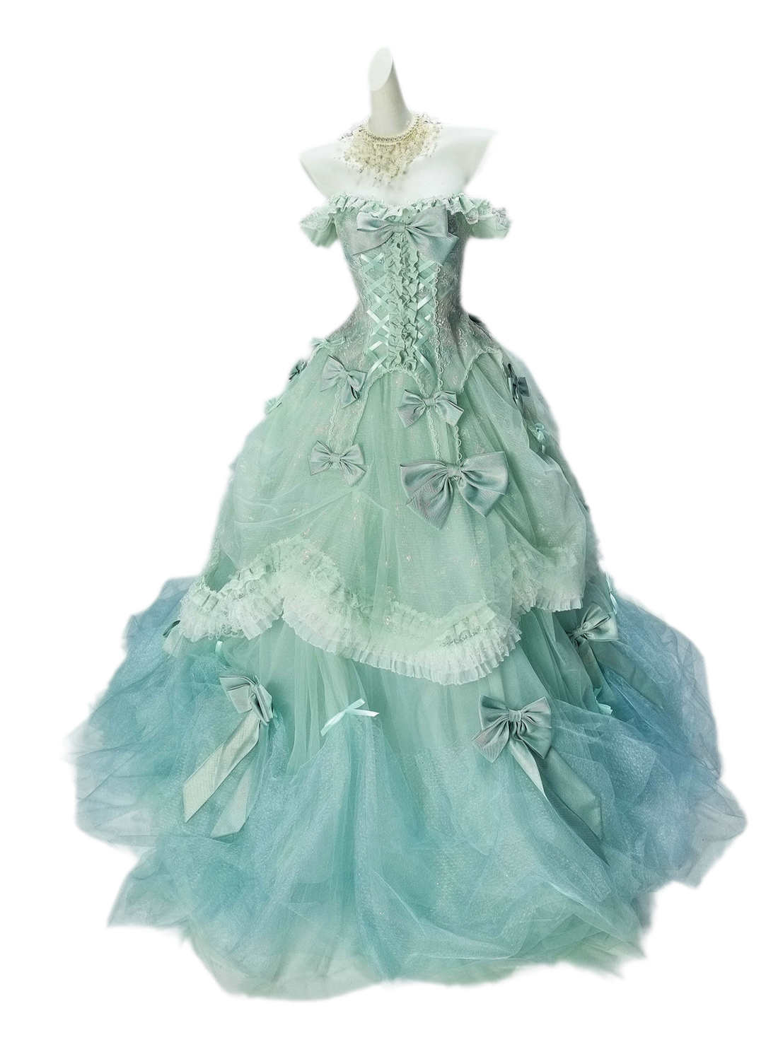 Embellished Ruffled Mint Ball Gown