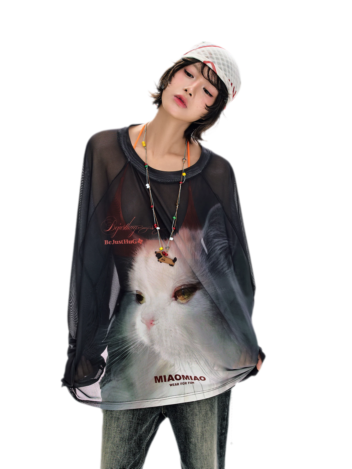 Sheer Oversized Cat Mesh Top