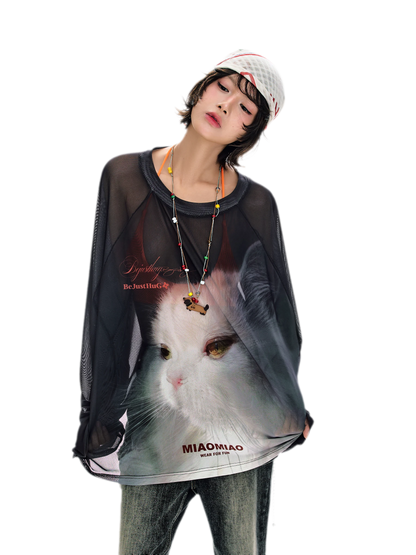 Sheer Oversized Cat Mesh Top