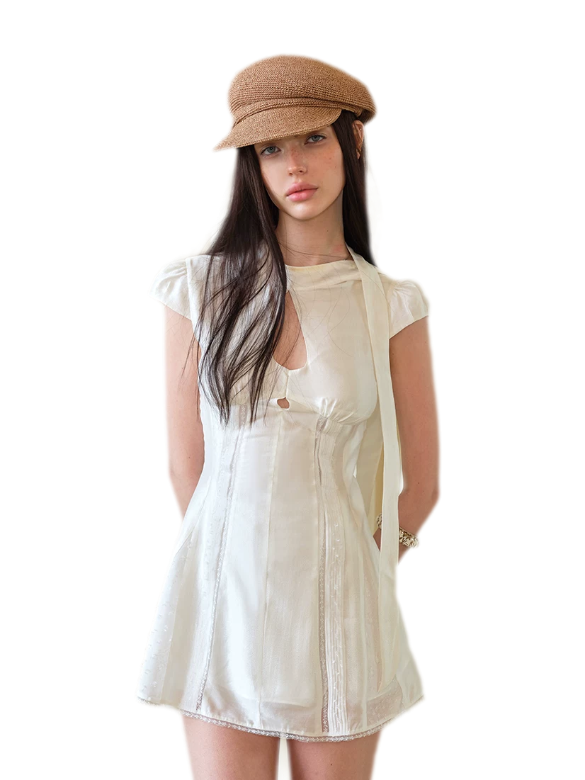 Summer Vintage Acetate Ribbon Cutout Waist Dress