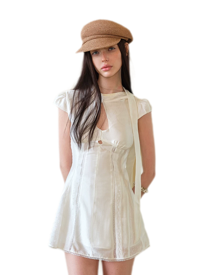 Summer Vintage Acetate Ribbon Cutout Waist Dress