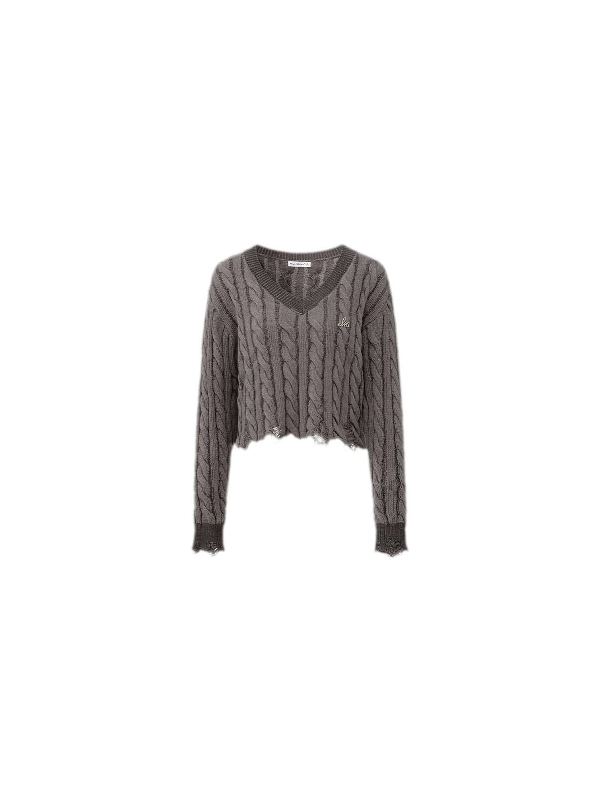 Distressed Cable Knit V-Neck Sweater