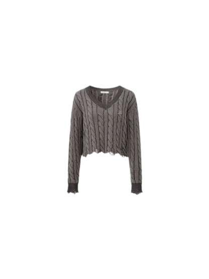Distressed Cable Knit V-Neck Sweater