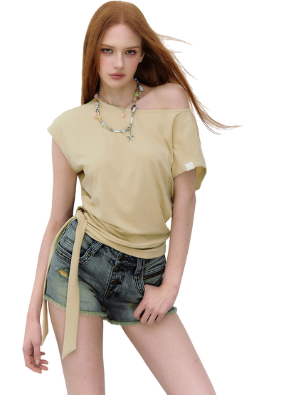 Asymmetric One-Shoulder Tie Detail Cutout Short Sleeve T-Shirt