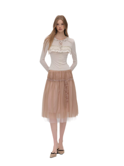 Wool Blend Lace Tie T-Shirt