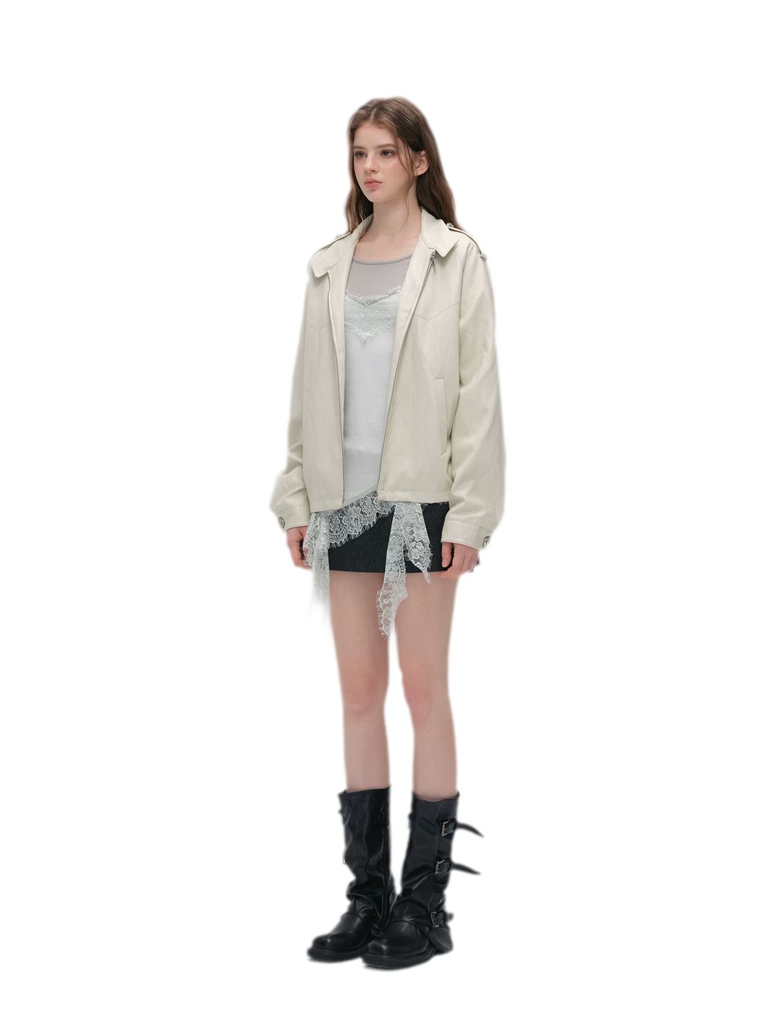 Faux-Leather Lychee-Texture Moto Jacket