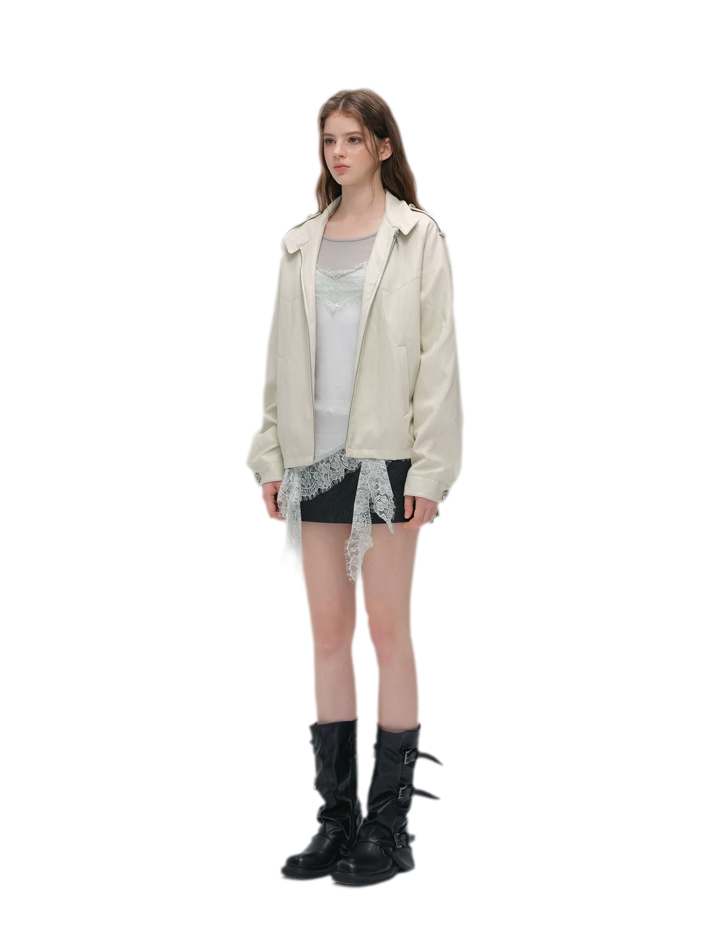 Faux-Leather Lychee-Texture Moto Jacket
