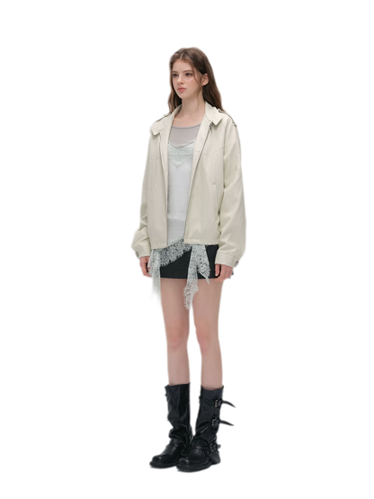Faux-Leather Lychee-Texture Moto Jacket