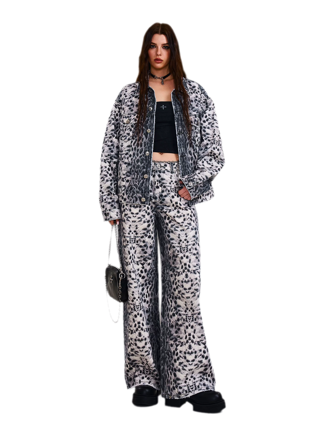 Cross Statue Leopard Camo Denim Jacket