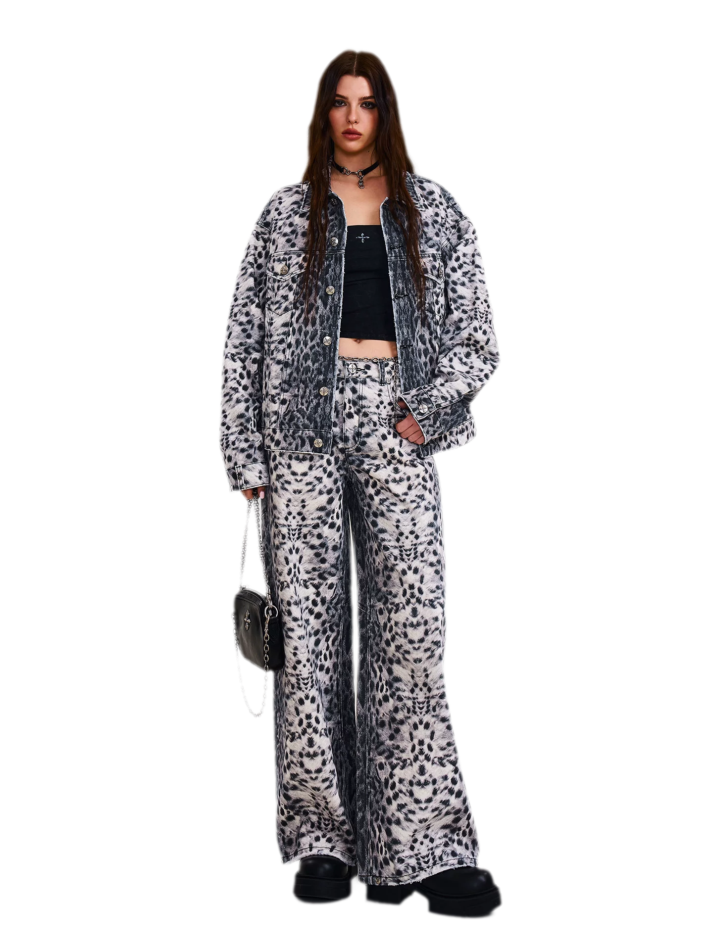 Cross Statue Leopard Camo Denim Jacket