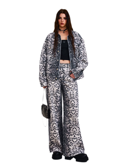 Cross Statue Leopard Camo Denim Jacket
