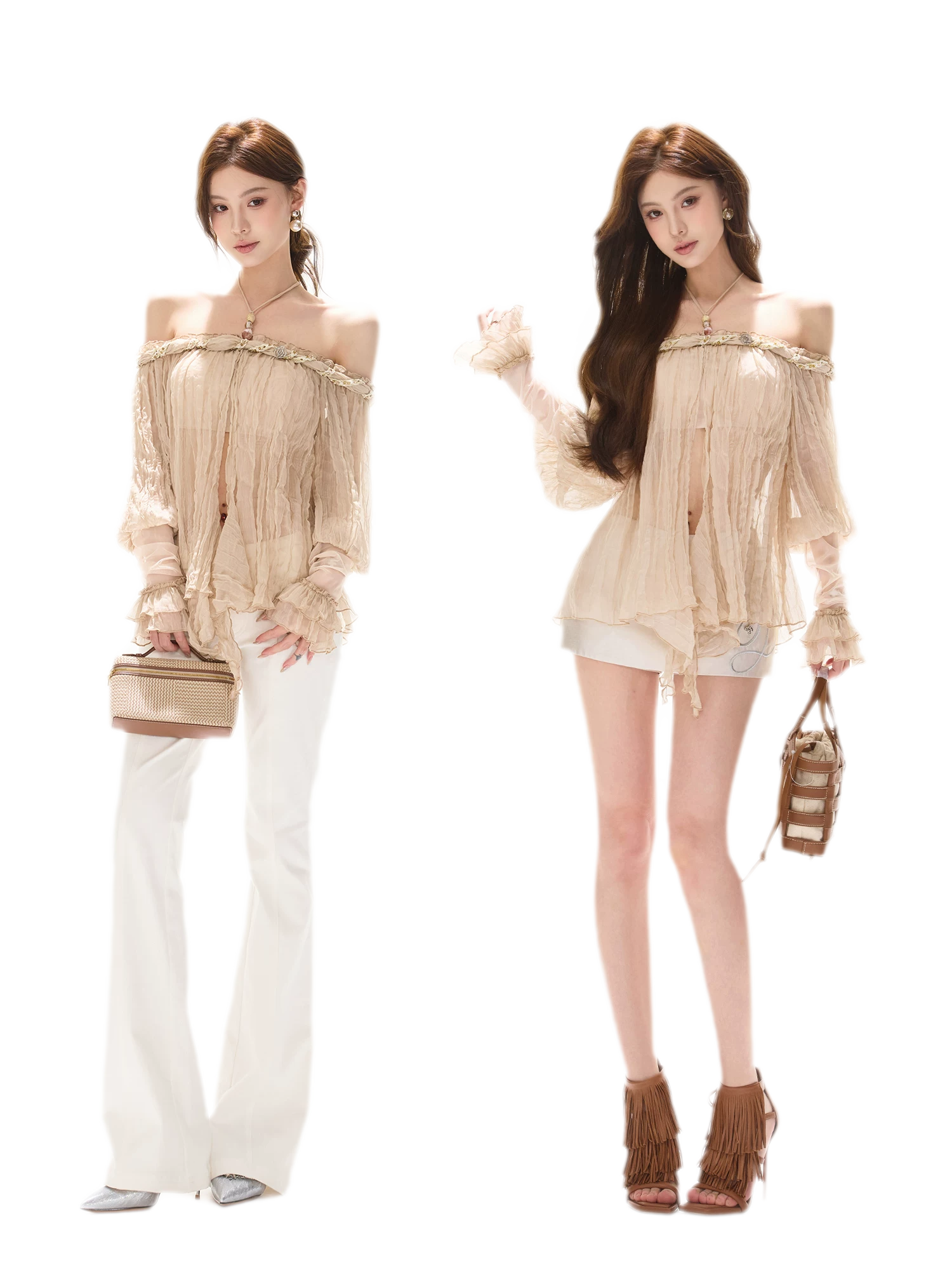 Crinkled Chiffon Beaded Blouse