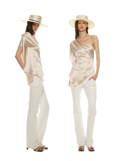 Asymmetric One-Shoulder Waist-Slimming Top in Apricot