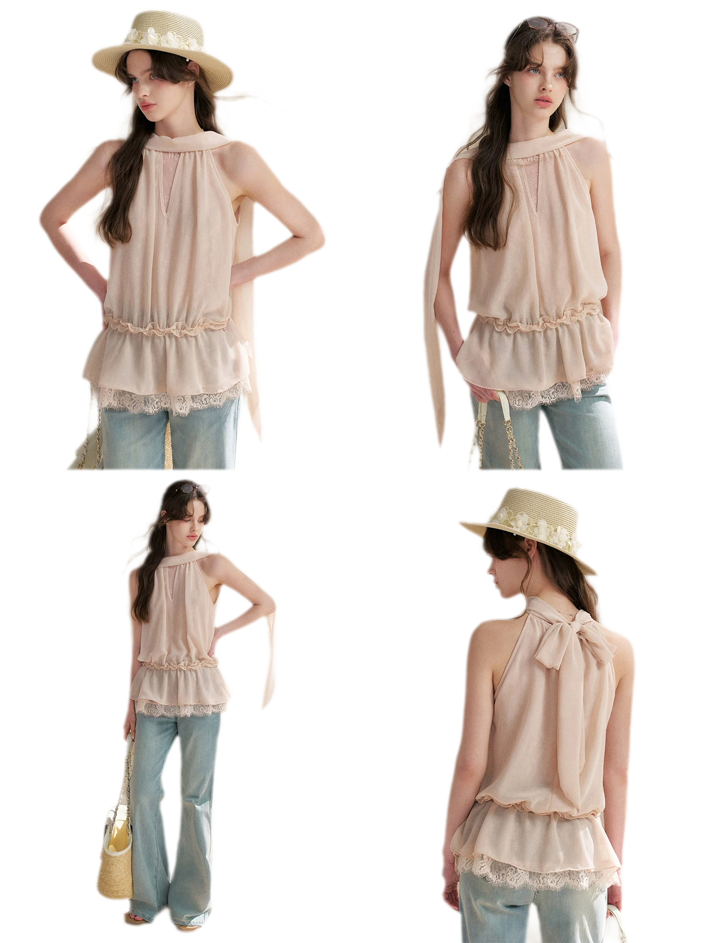 Chiffon Lace Halter V-Neck Blouse