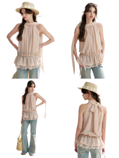 Chiffon Lace Halter V-Neck Blouse
