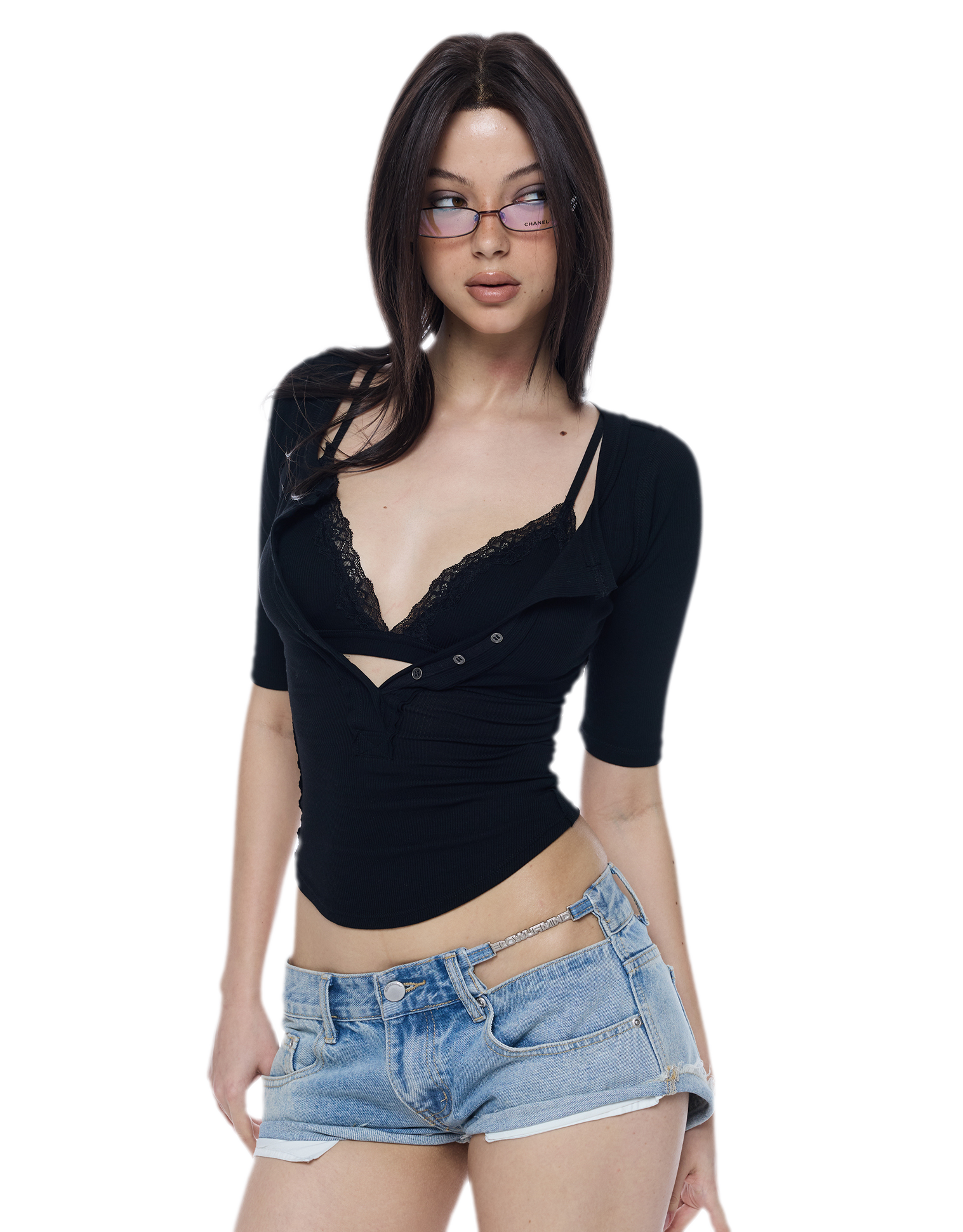 Ribbed Lace V-Neck Top Set
