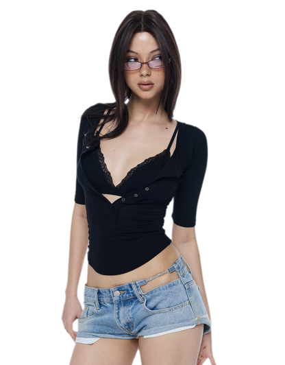 Ribbed Lace V-Neck Top Set