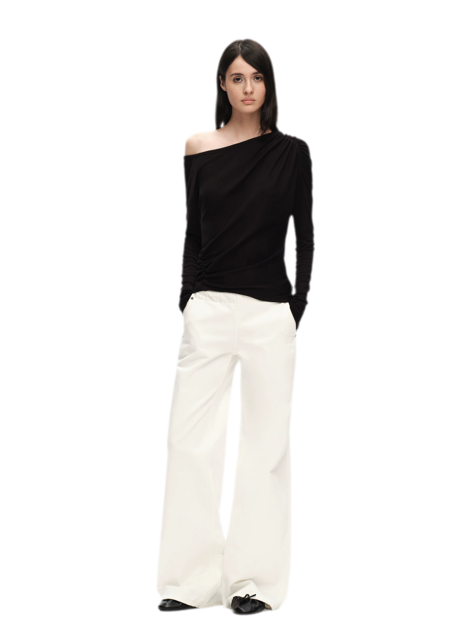 Wool Lyocell Ruched Shoulder Top