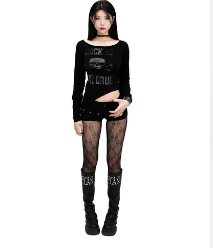 Distressed Graphic Fitted Long-Sleeve T-Shirt