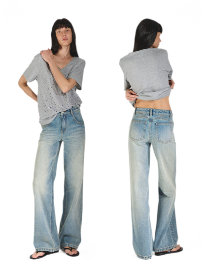 Vintage Straight Loose Fit Jeans with 3D Cat