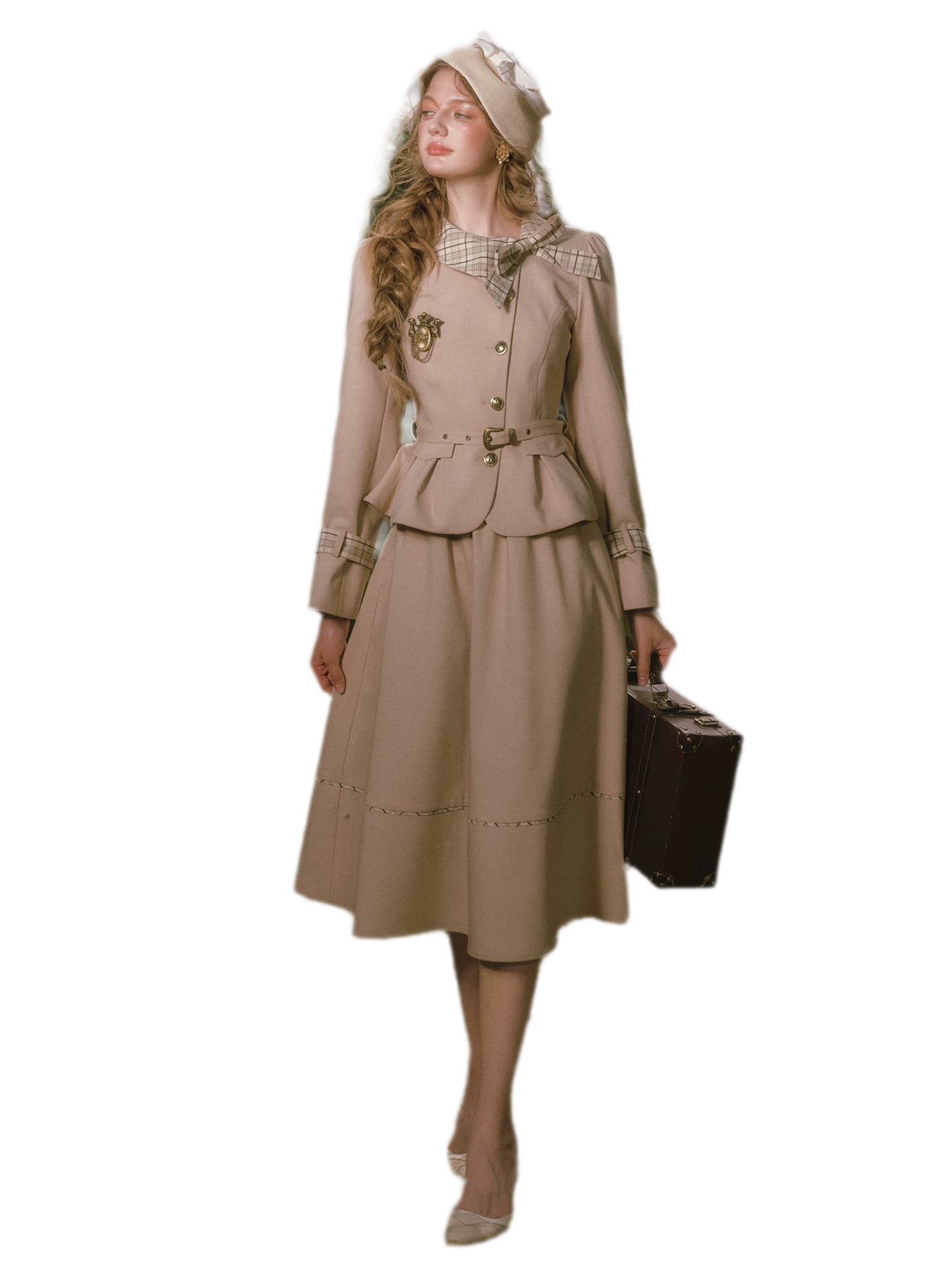Vintage Belted Trench Skirt Set