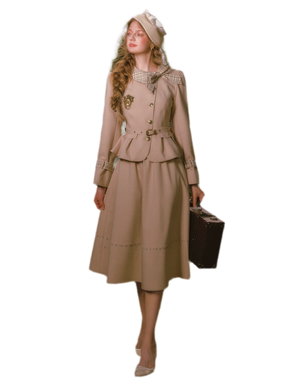 Vintage Belted Trench Skirt Set
