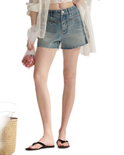 Vintage Washed Blue Rhinestone Denim Shorts