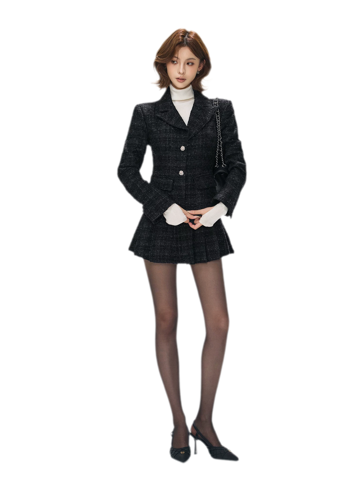 Tweed Jacket Pleated Skirt Set