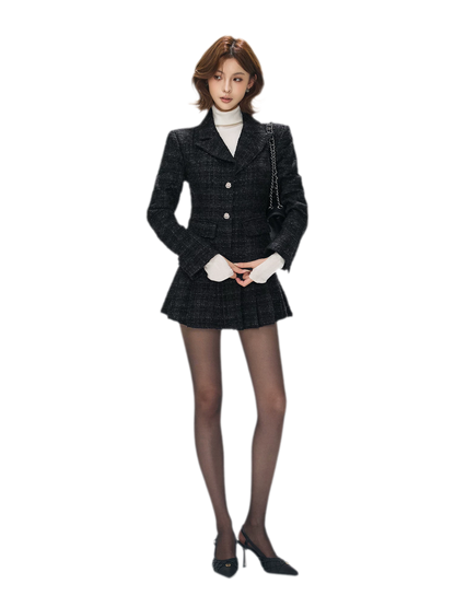 Tweed Jacket Pleated Skirt Set