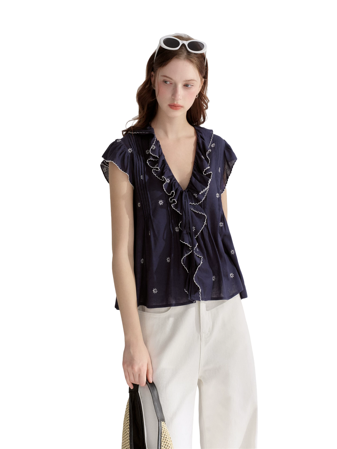 Cotton-Feel Embroidered Ruffle Sleeve Blouse