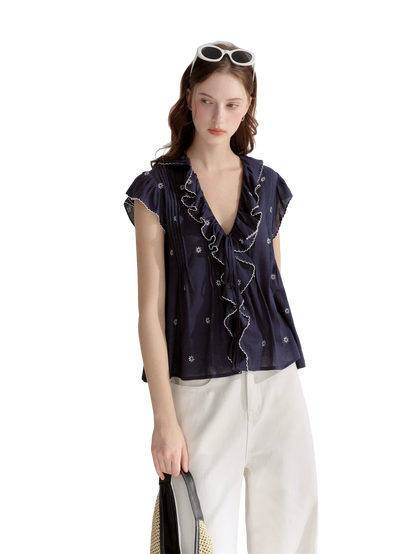 Cotton-Feel Embroidered Ruffle Sleeve Blouse