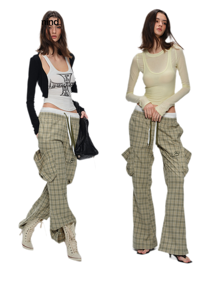 Plaid Drawstring Cargo Pants