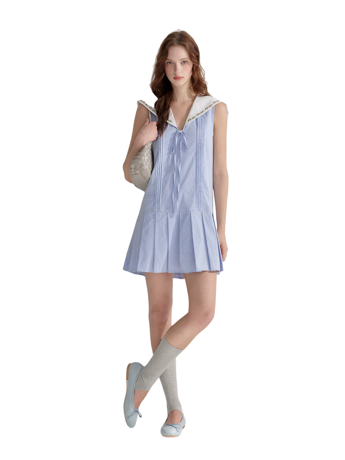 Embroidered Blue Striped Sailor Collar Pleated Dress