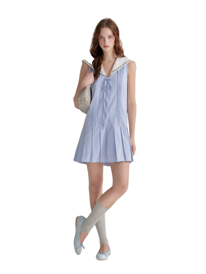 Embroidered Blue Striped Sailor Collar Pleated Dress