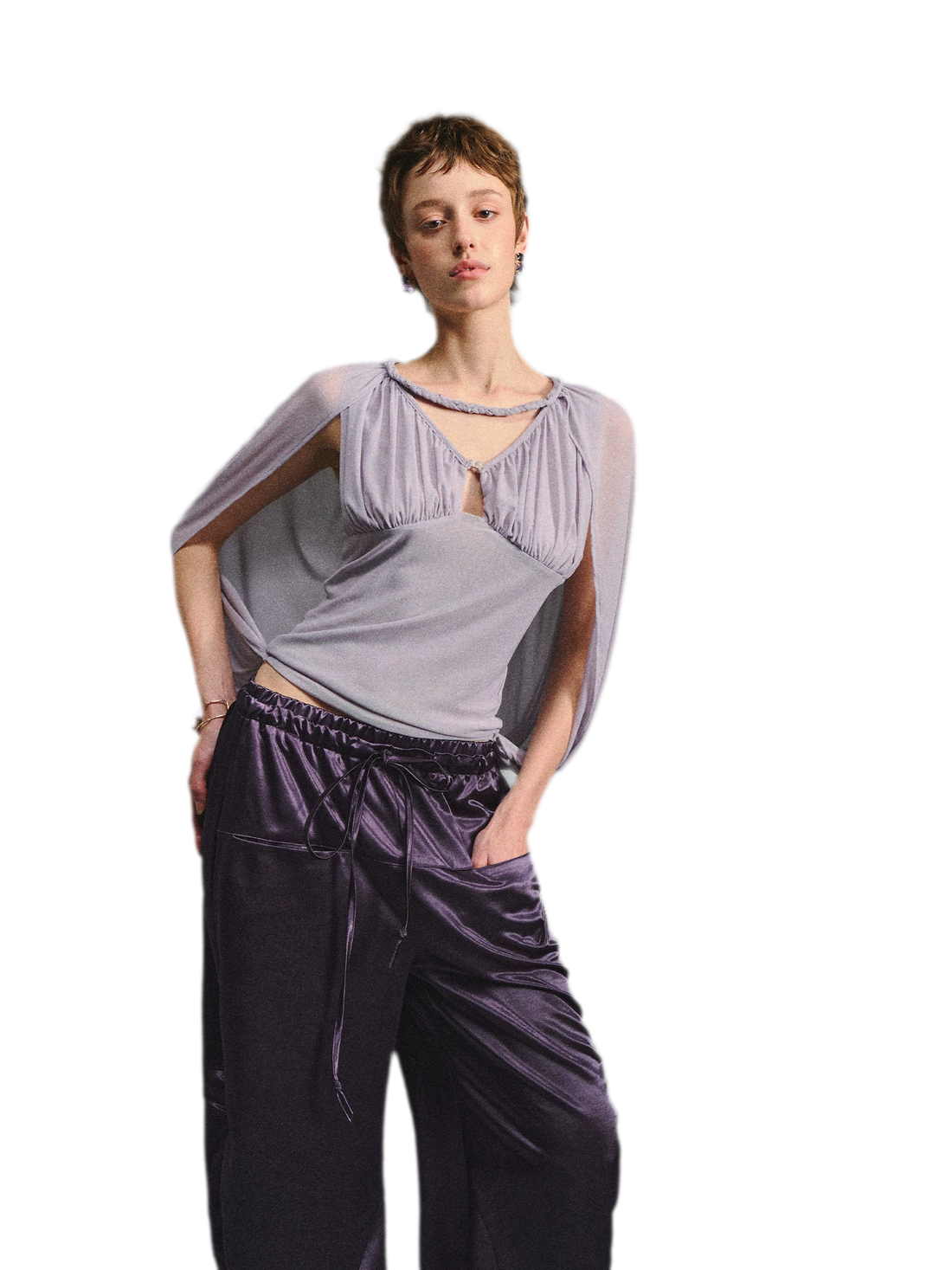 Ruched Mesh V-Neck Top