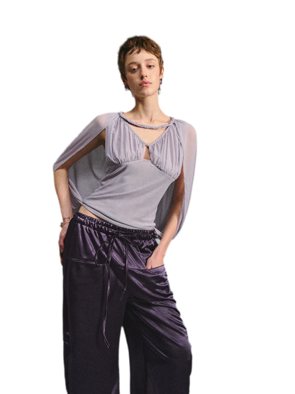 Ruched Mesh V-Neck Top