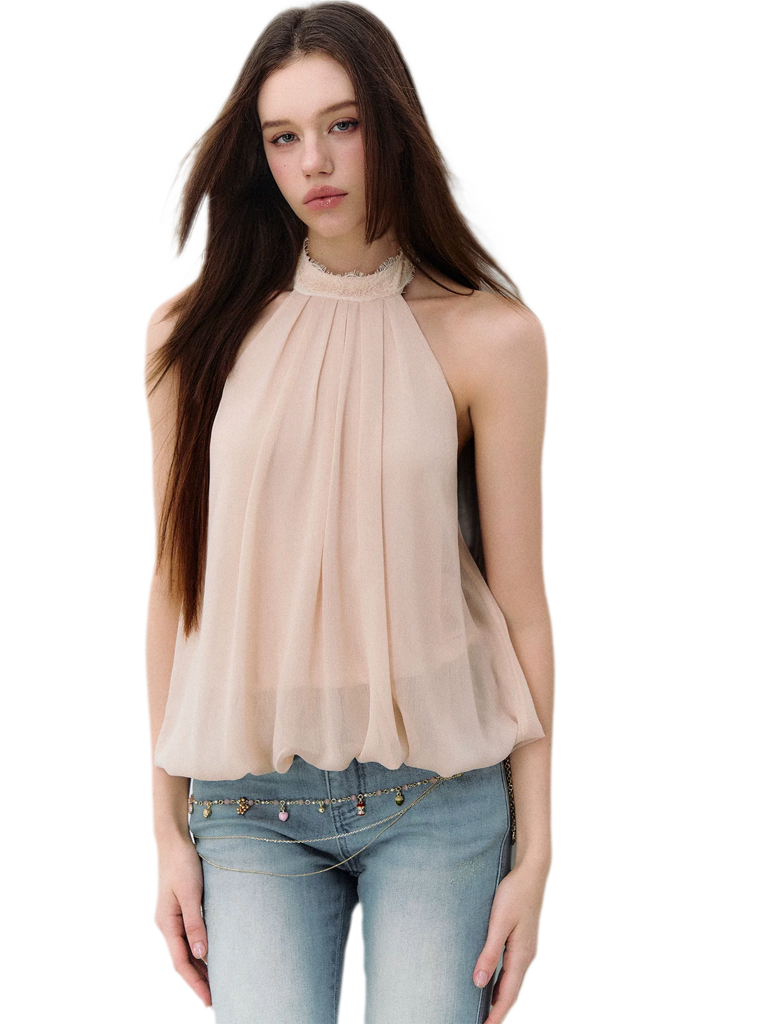 Sleeveless Chiffon Tie-Neck Waist Shirt