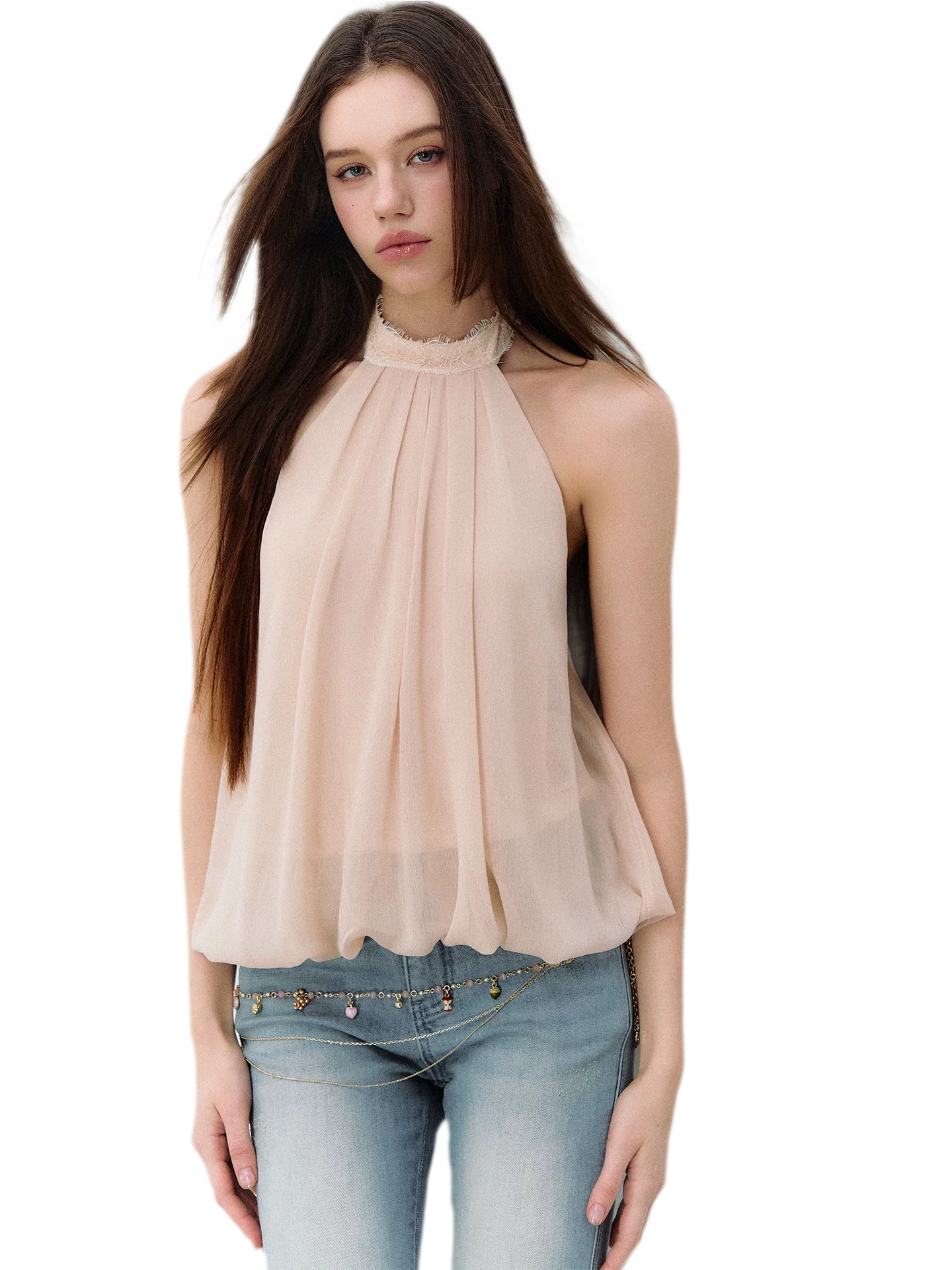 Sleeveless Chiffon Tie-Neck Waist Shirt