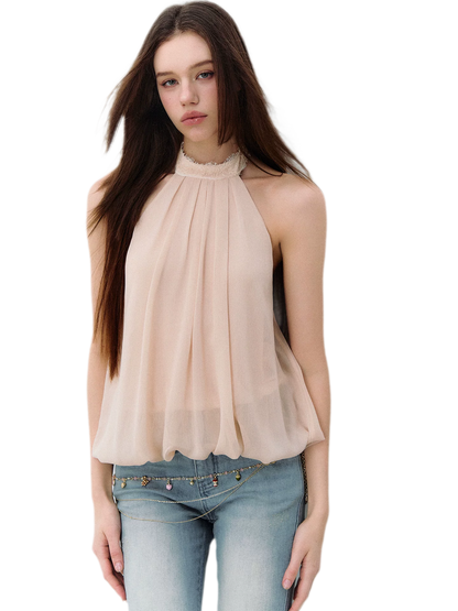 Sleeveless Chiffon Tie-Neck Waist Shirt