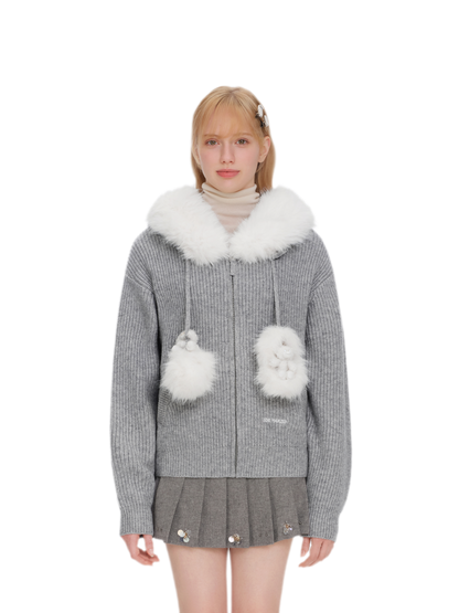 Pom-Pom Hooded Knit Sweater