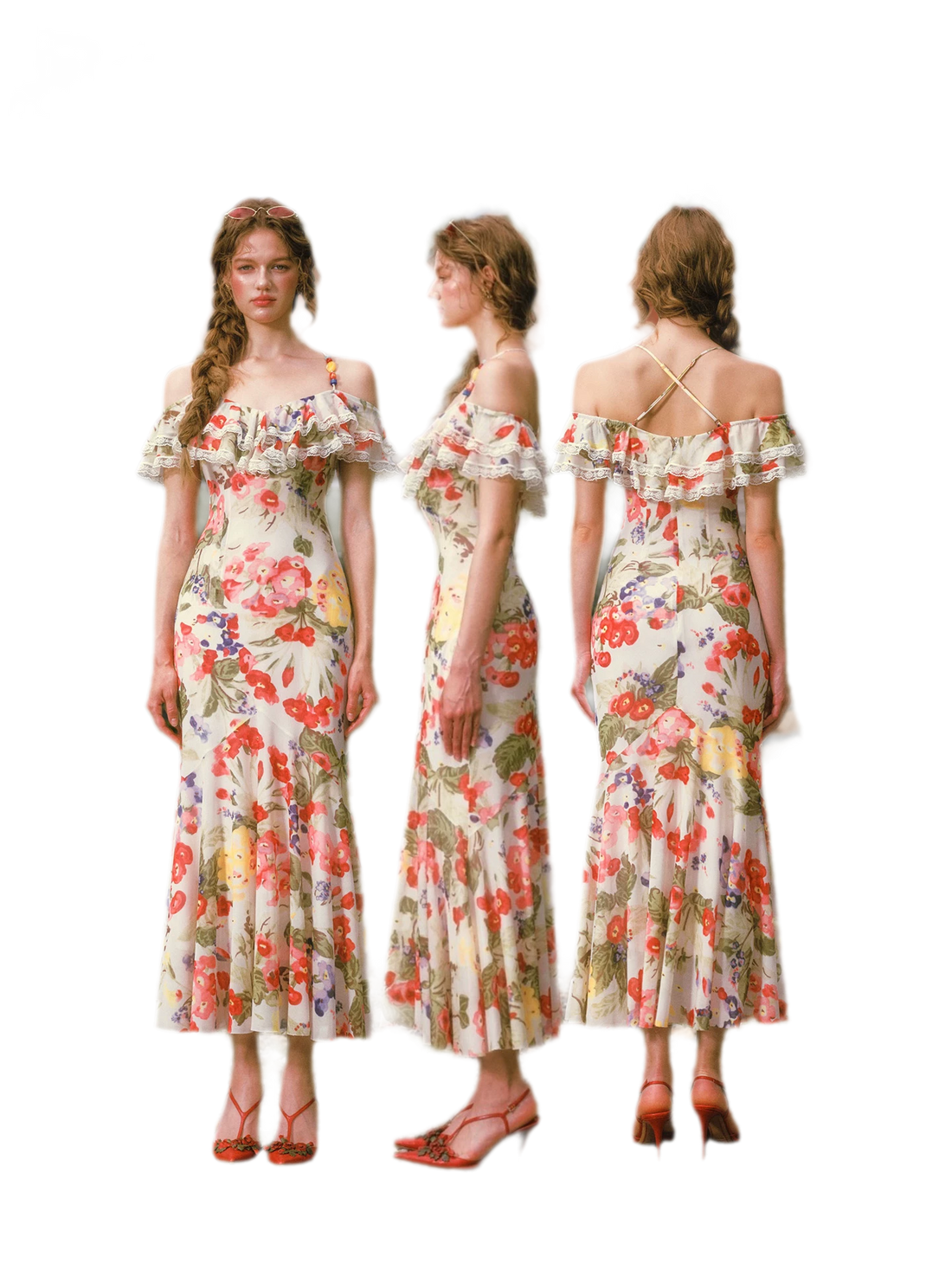 Floral Ruffle Mesh Maxi Dress